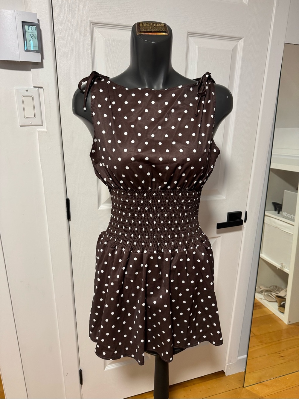 Brown Polka Dot Smocked Waist Dress
